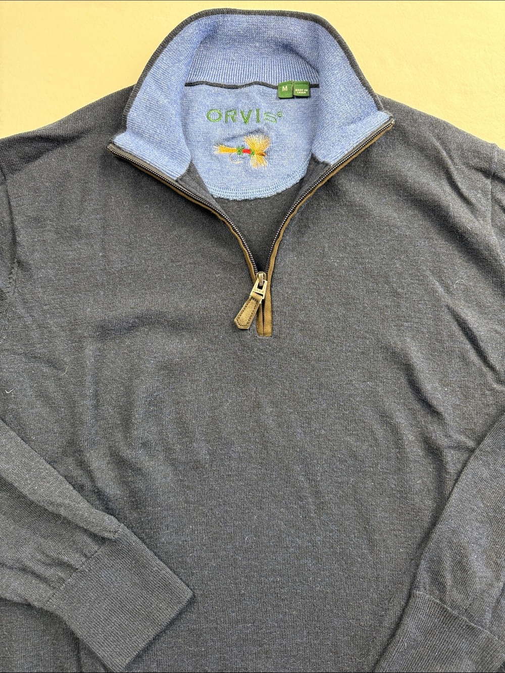 Orvis Men's NavyQuarter-Zip Wool Sweater with Navy Collar